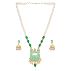women's rose gold plated alloy necklace earings set (green)