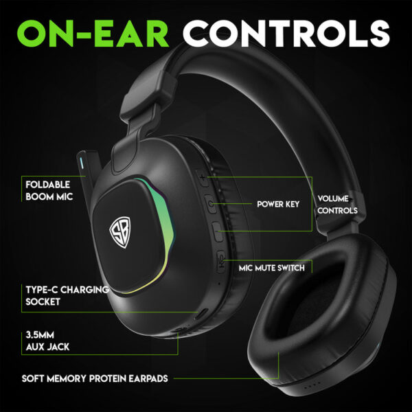 SpinBot Ranger HX300 Wireless Bluetooth Low Latency Gaming Headphones (Black) - Image 3