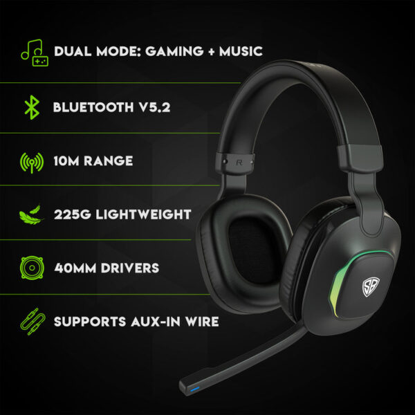 SpinBot Ranger HX300 Wireless Bluetooth Low Latency Gaming Headphones (Black) - Image 7