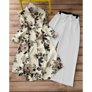 creamy flower printed top with plain white palazzo set
